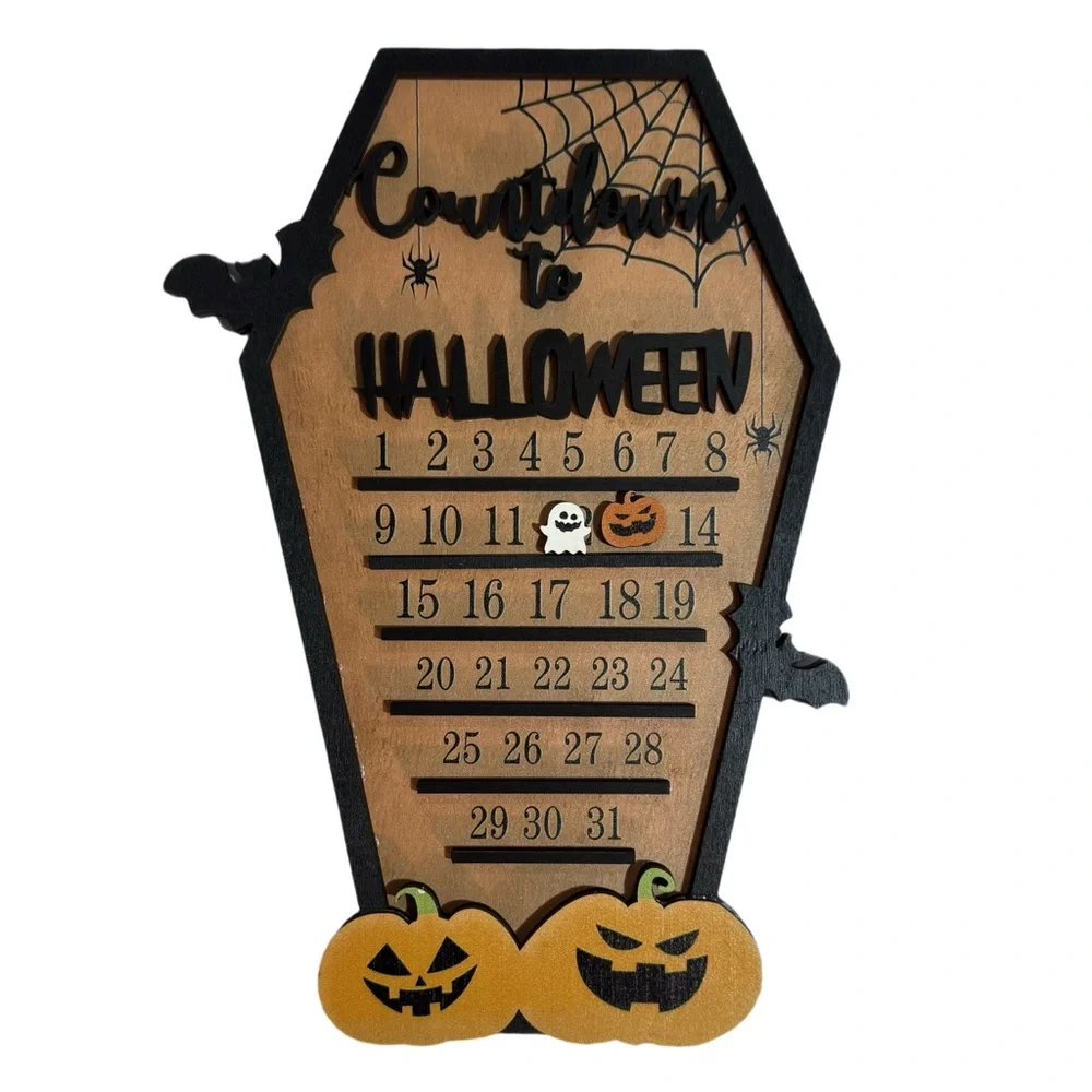 NWT Countdown to Halloween Calendar Wooden Advent Coffin Shaped Wall‎ Decor